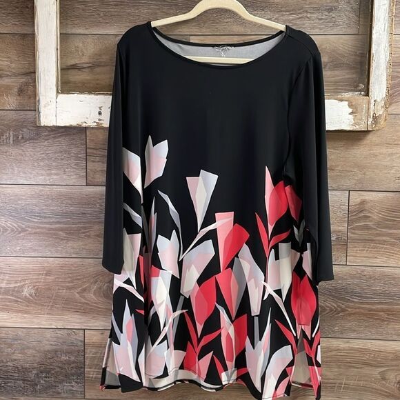 Alfani  Macys Tunic Top Boho Fairy Floral Black White Coral Multi - Picture 4 of 6